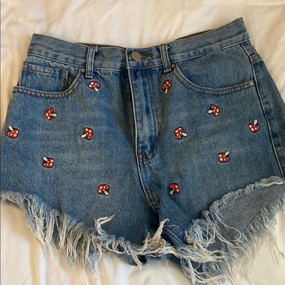 Blue and Red Jean Shorts with Cherry Embroidery